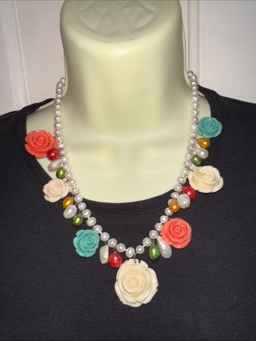 Faux Pearl, Multicolor‎ Rose & Beads Statement Necklace